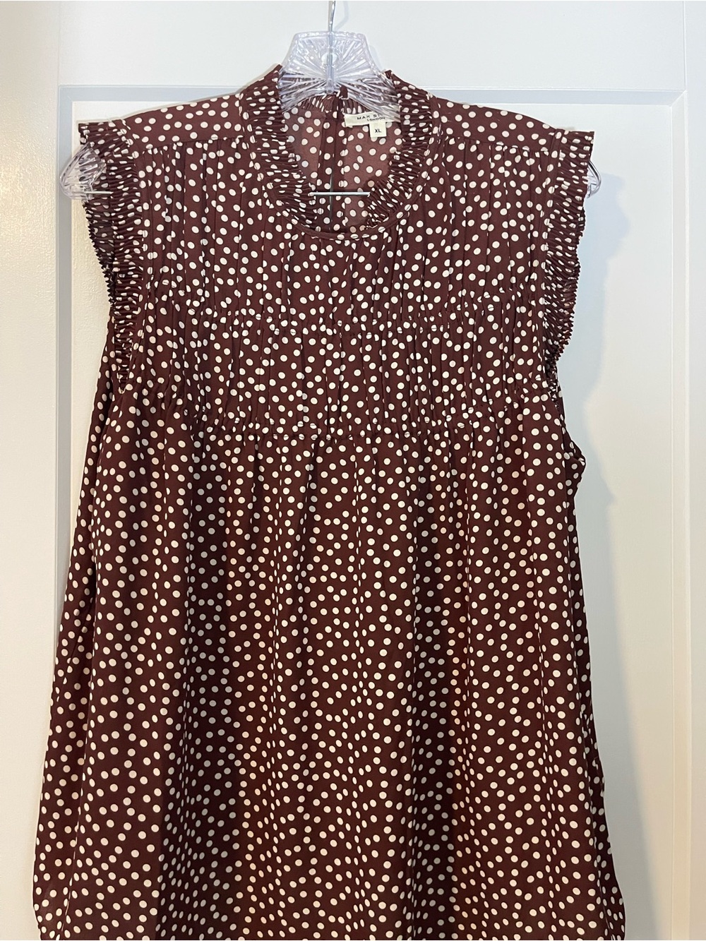 Sleeveless Brown Polka Dot Ruffle-Yoke Top